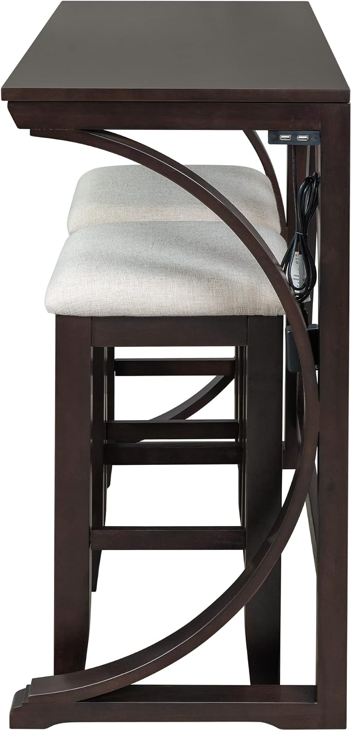 Polibi 3-Piece Farmhouse Counter Height Dining Set, Wood Kitchen Dining Table Set with USB Port and 2 Upholstered Stools for Small Places (Espresso)
