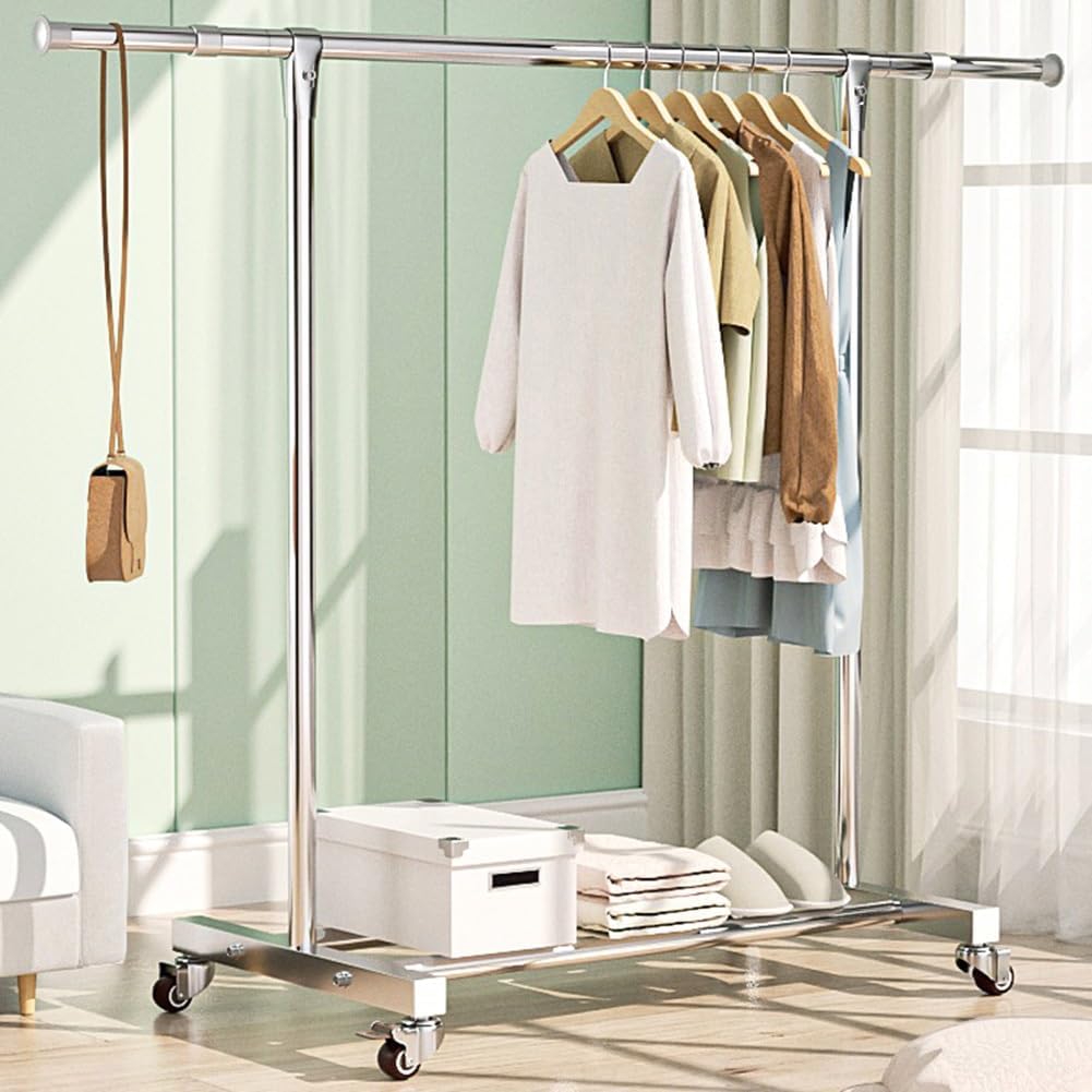 Steel Clothes Garment Rack with Wheels, Extendable Rod, Rolling Clothes Organizer with Storage Shelf, Clothing Rail on Wheels for Hanging Clothes, Load 176lbs
