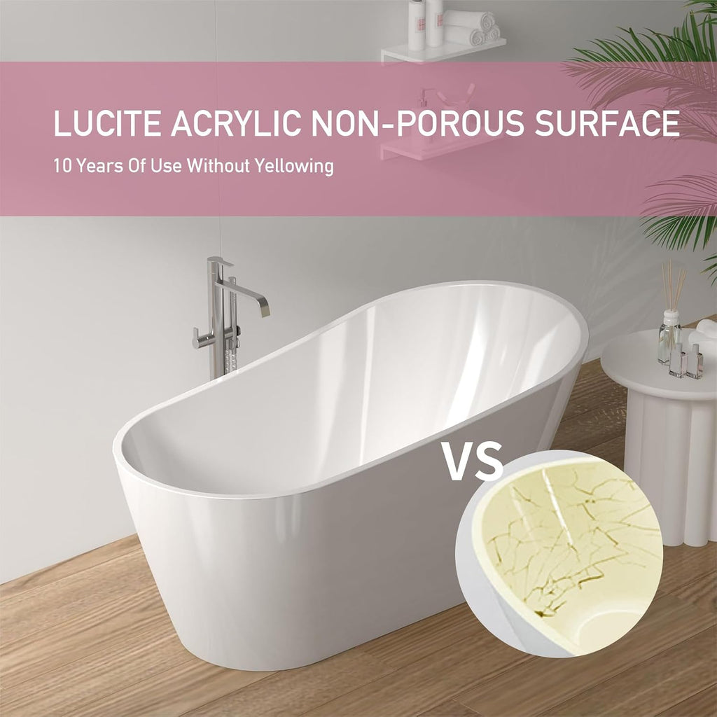 TONA 60' Acrylic Freestanding Bathtub Contemporary Soaking White Tub cUPC Certified, Toe-Tap Chrome Drain & Overflow Assembly Included