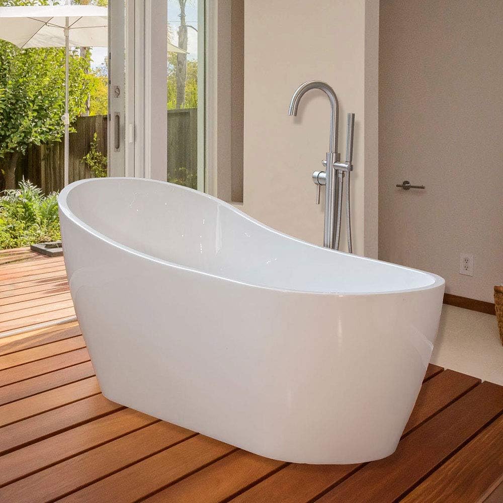 WOODBRIDGE 67' Acrylic Freestanding Bathtub Contemporary Soaking White Tub with Chrome Overflow and Drain