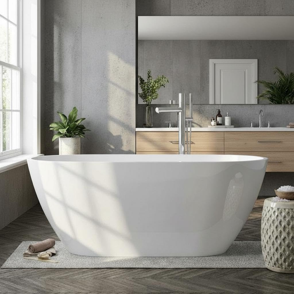 59' Acrylic Freestanding Bathtub, Modern Deep Soaking Tub, cUPC Certified Free Standing Tub, Chrome Drain/Overflow, White Acrylic, Flora White