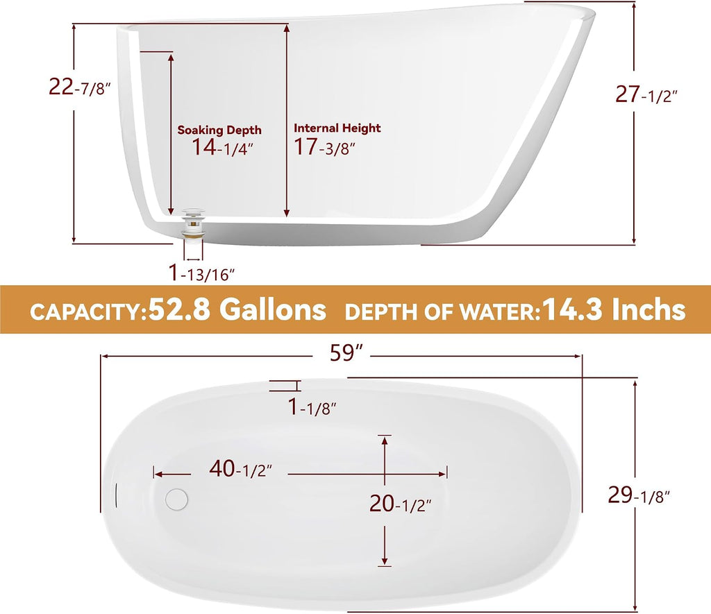 59' Free Standing Tub, Pure Acrylic Freestanding Bathtub, Stylish Stand Alone Contemporary Deep Soaking Bath Tub, cUPC Certified SY9950 (Glossy White)