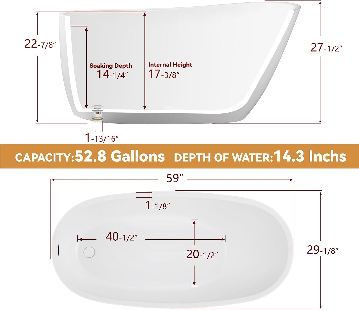 59' Free Standing Tub, Pure Acrylic Freestanding Bathtub, Stylish Stand Alone Contemporary Deep Soaking Bath Tub, cUPC Certified SY9950 (Glossy White)