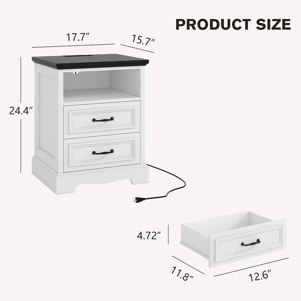 Whalefall Farmhouse 2 Drawers Dresser with Charging Station, White Nightstand Bedside for Bedroom, Wood Small End Table for Living Room Dresser Chest of Drawers for Hallway Closet Dorm (1, White)