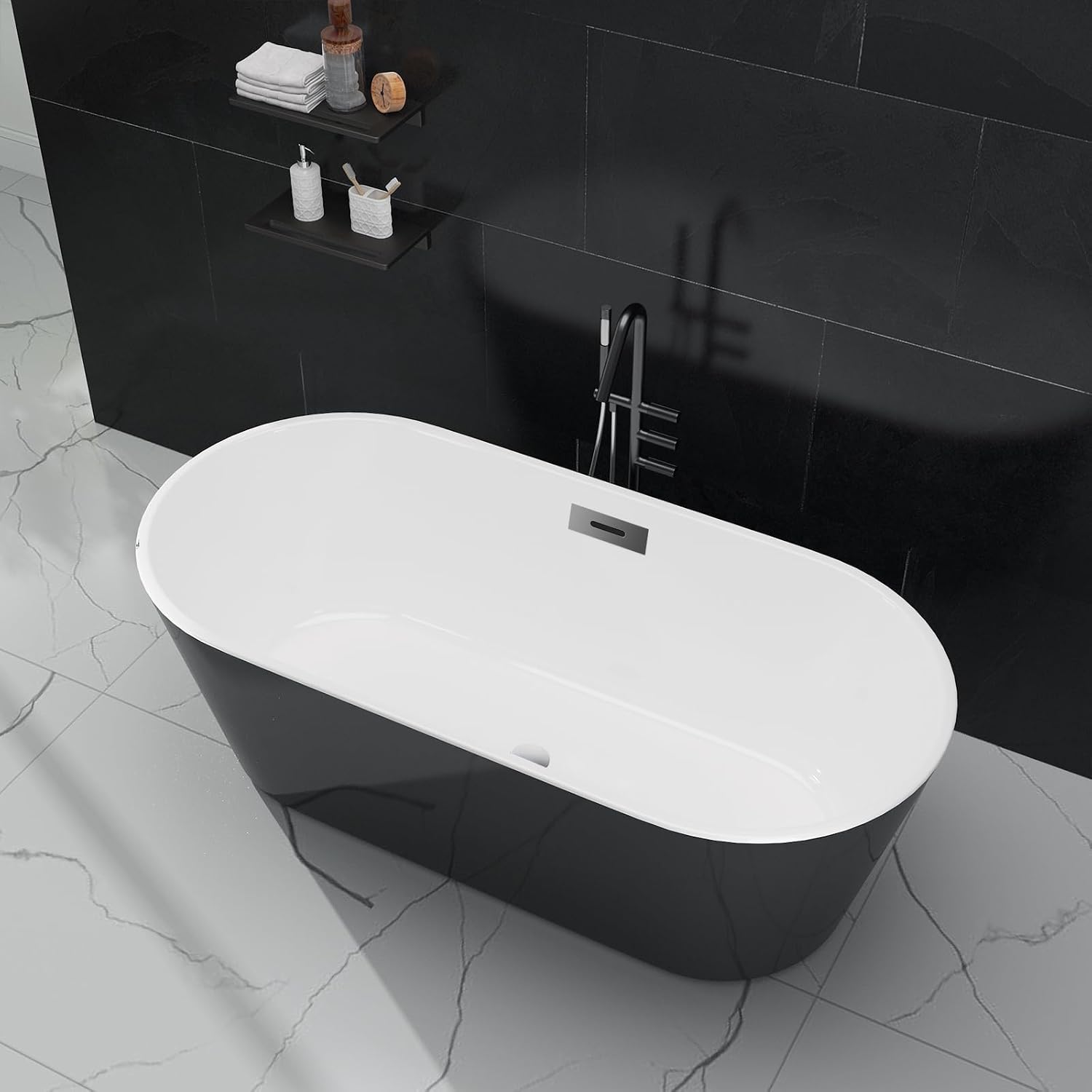 GarveeTech 59 in Acrylic Freestanding Bathtub, Contemporary Stand Alone Tub,Black Soaking Tub, Oval Bathtub with Chrome Overflow and Drain, CUPC Certified