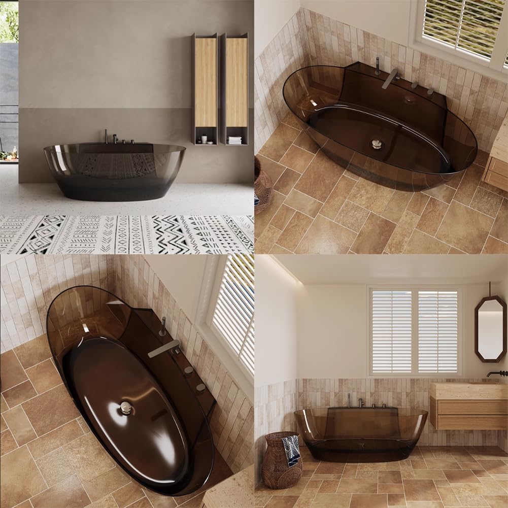 Ergonomic Luxury Spa Bathtub, Oval-Shaped Transparent Resin Tub with Drain, Handcrafted Extra-Deep Tub, Modern Spa Bathroom, 55-70 Inches,A l160cm