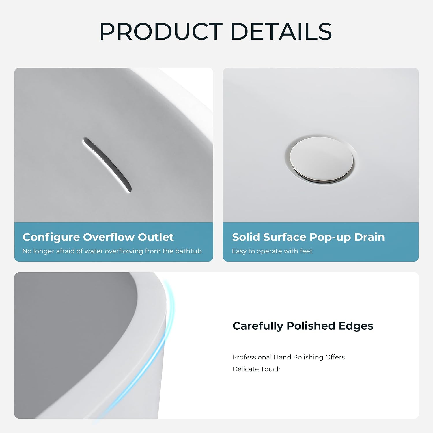 55' Premium Solid Surface Freestanding Bathtub, Upgraded Oval Stone Resin Tub with Overflow and Pop-up Drain, Matte White