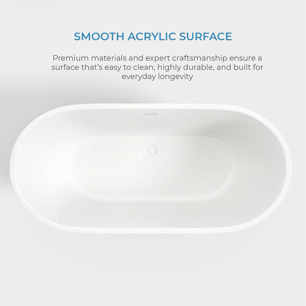 OVE Decors Ayago 59 in. Solid Surface Freestanding White Acrylic Soaking Bathtub, with Overflow and Satin Nickel Pop-up Drain