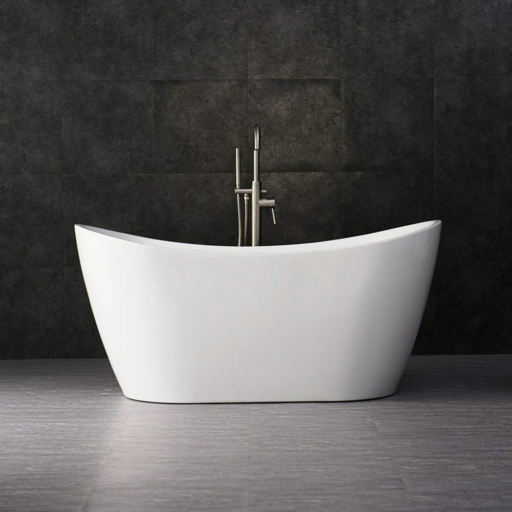 WOODBRIDGE BTA-1516 Acrylic Freestanding Bathtub Contemporary Soaking Tub with Brushed Nickel Overflow and Drain, BTA1516, 59' B-0016 White