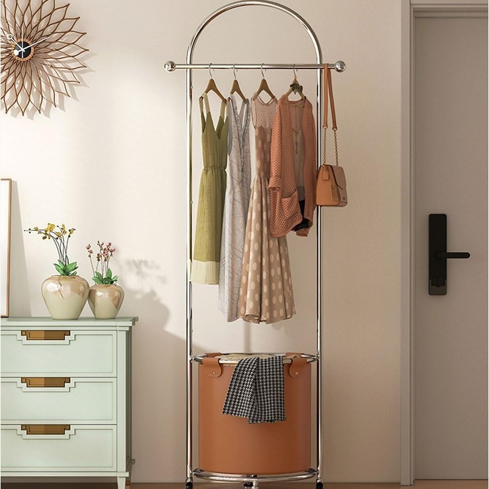 Rolling Steel Garment Rack with Bottom Basket Freestanding Clothes Organizer with Wheels for Entryway & Small Spaces Long-Lasting(Black)