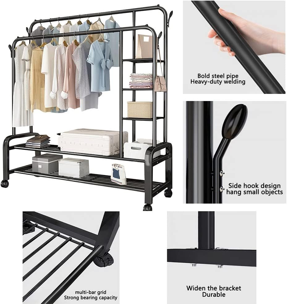 Metal Clothes Rail, Coat Rack Stand, Freestanding Garment Rack, Bedroom Clothes Drying Rack with Storashelf, for Home Office Indoor/Black
