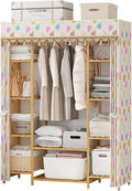 Clothes Rod Rack Garment Hanging Rails, Freestanding Bamboo Coat Stand Rack with Double Clothing Rail and 9 Storage Shelf, with Cover, Clothes Cabinet Wardrobe Organiser 150X4