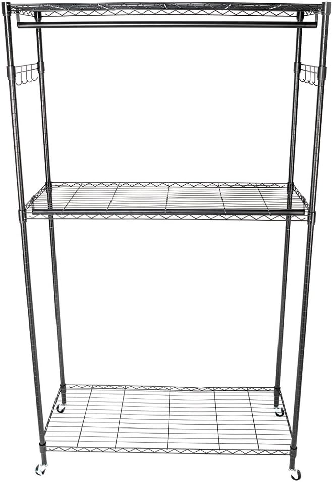 Garment Racks, 2Tier Rod Closet Organizer Garment Rack Clothes Storage Hanger Shelf Hooks Adjustable Wire Shelving Clothes Rack with Double Side Hooks, Freestanding Steel Wardrobe Rack