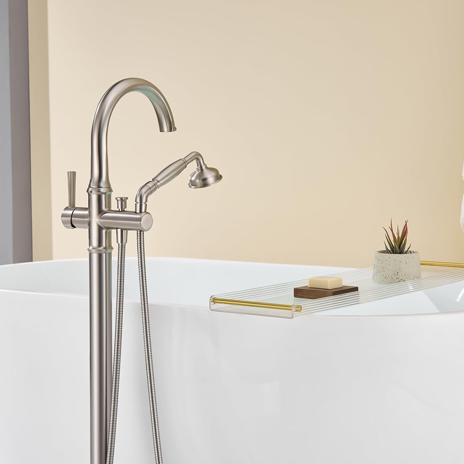 Wowkk Freestanding Tub Faucet Floor Mount Tub Filler Brushed Nickel Free Standing Bathtub Faucet Brass Bath Faucet with Hand Shower