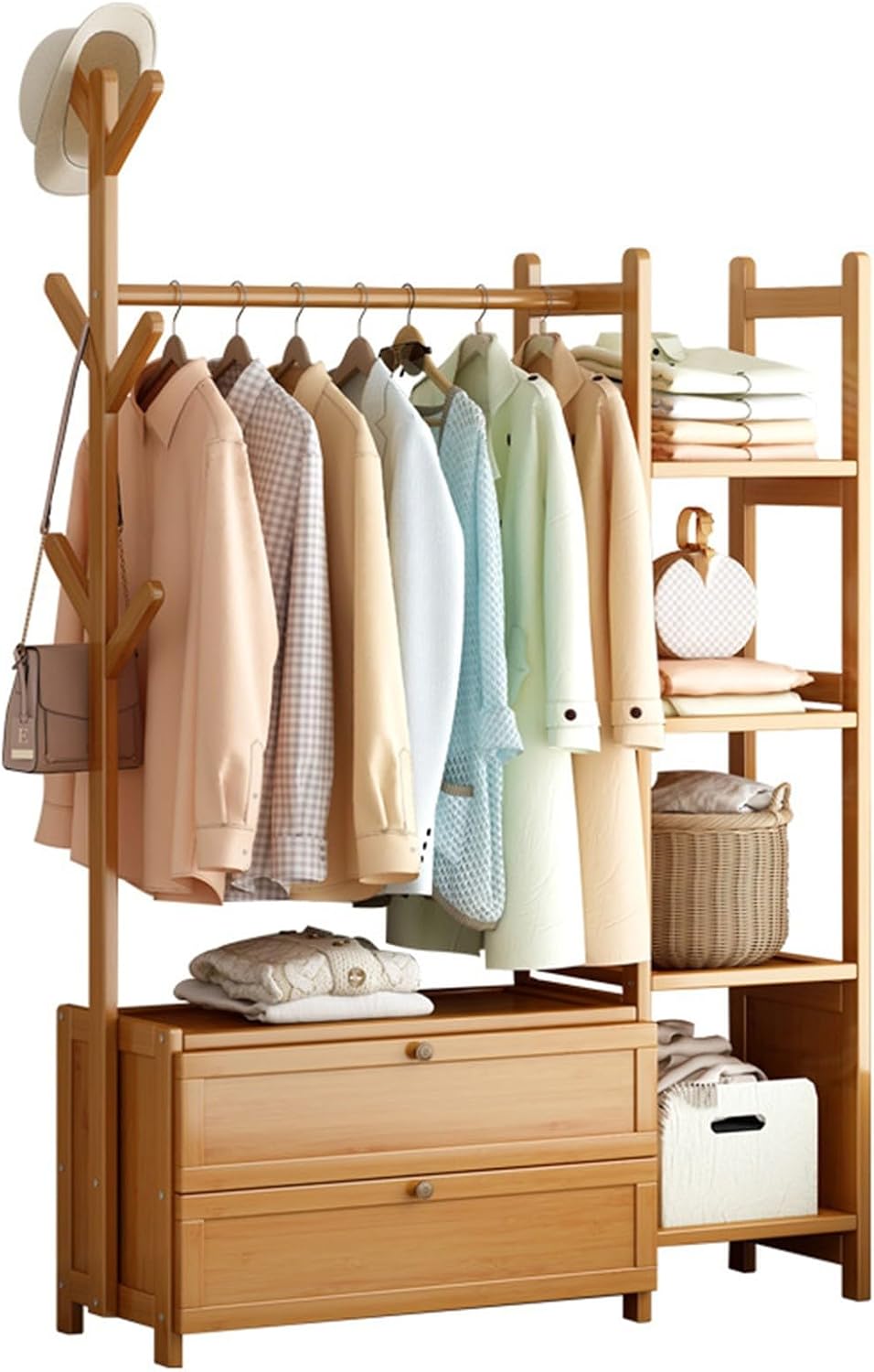 Floor-Standing Solid Wood Rotating Coat Rack，Bamboo Freestanding Coat Rack with Double Drawer Storage and 4 Shelves Multi Functional Garment Rack for Bedroom nization Shoe and Box Storage (W