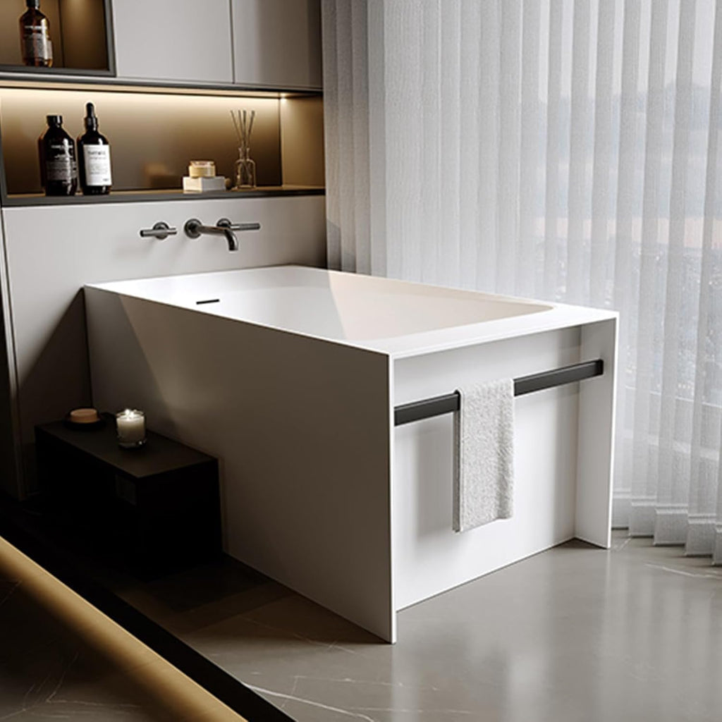 51'' Freestanding Bathtub for Adult, Contemporary Resin Stone Soaking Bathtub Solid Surface Modern Stand Alone Tub with Overflow and Pop-up Drain, Japanese soaking tub White (Rectangular)