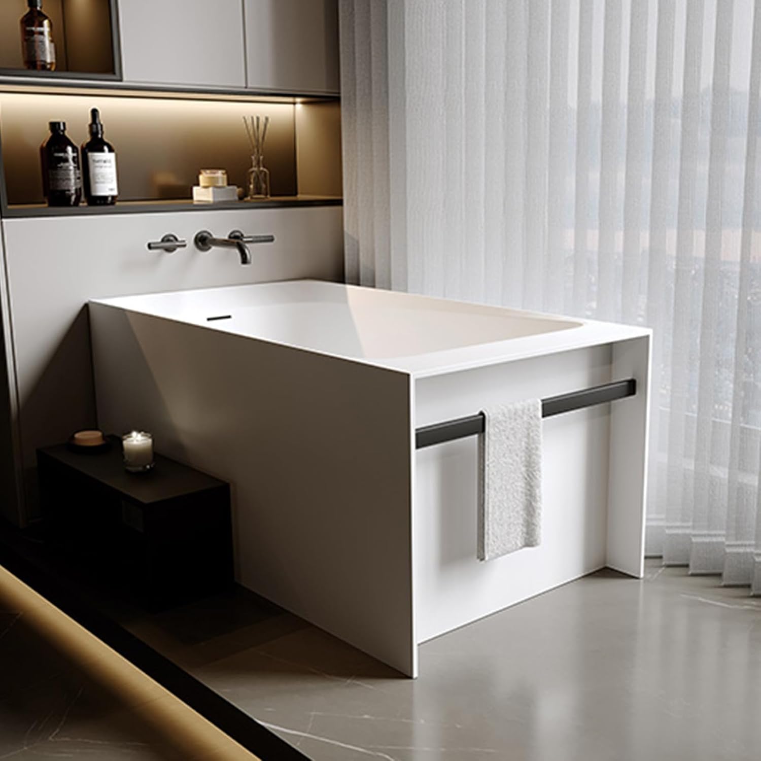 51'' Freestanding Bathtub for Adult, Contemporary Resin Stone Soaking Bathtub Solid Surface Modern Stand Alone Tub with Overflow and Pop-up Drain, Japanese soaking tub White (Rectangular)