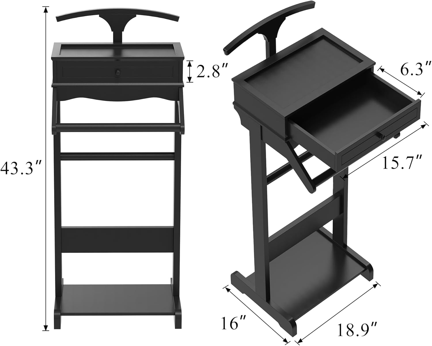 Clothes Valet Stand for Men, Wooden Clothing Rack with Drawer, Hanger, Tray, Drawer, Rods, Women Garment Valet for Bedroom, Living Room, Entryway, Office, Black