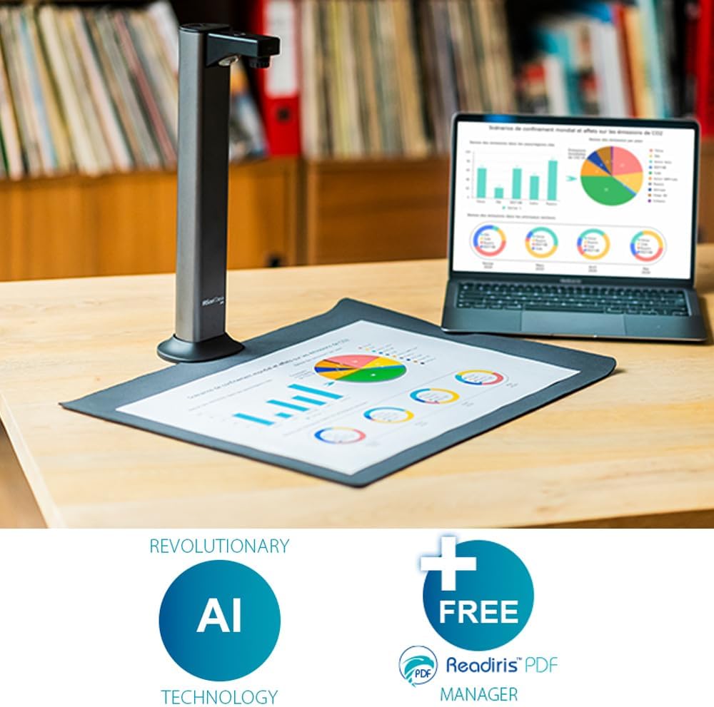 IRIScan Desk 7 Pro 18MP 4K Book and Document Scanner Black with OCR, AI Auto-Flattening and Finger Erasing, Compatible with Windows and Mac, Readiris PDF Included