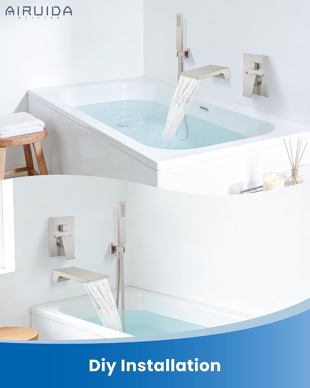 Airuida Wall Mount Tub Faucet with Waterfall Tub Spout Wall Mounted Bathtub Faucet with Handheld Shower Single Handle Tub Filler Shower Faucet Set with Rough-in valve Straight Spout Brushed Nickel
