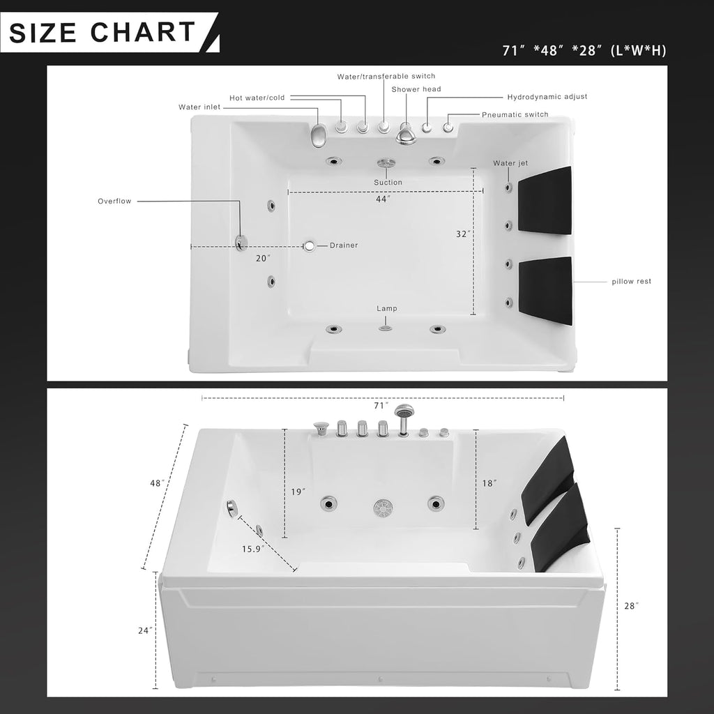 Empava 72' x 48' Whirlpool Tub for Couple,1125W Jetted Bathtub with Light, Hydro Massage,Chromatherapy,ETL Certified,110 Gallons,Left Drain