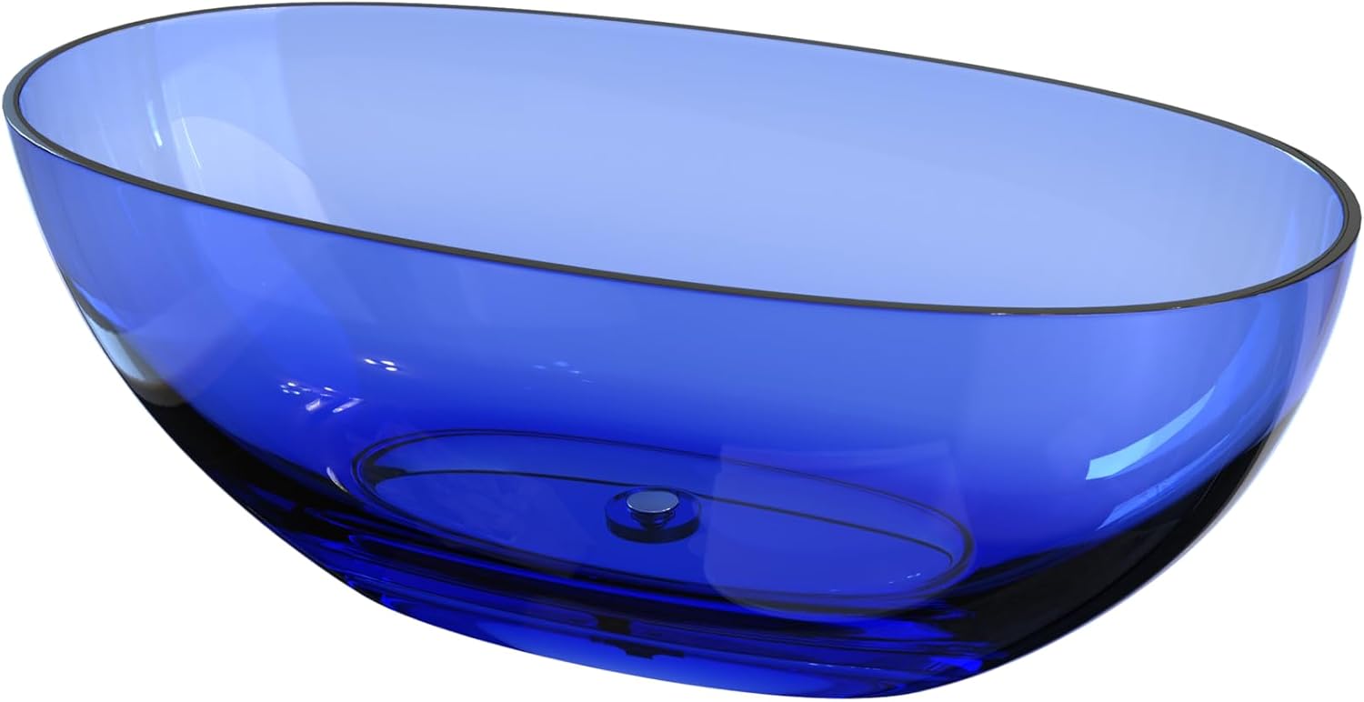 Stone Resin Freestanding Bathtub 61', Elegant Oval Shape Soaking Tub, Solid Surface Stand Alone Bathtub with Drain & Integrated Slotted Overflow Transparent Blue AMFS303-1550-TPBLUE