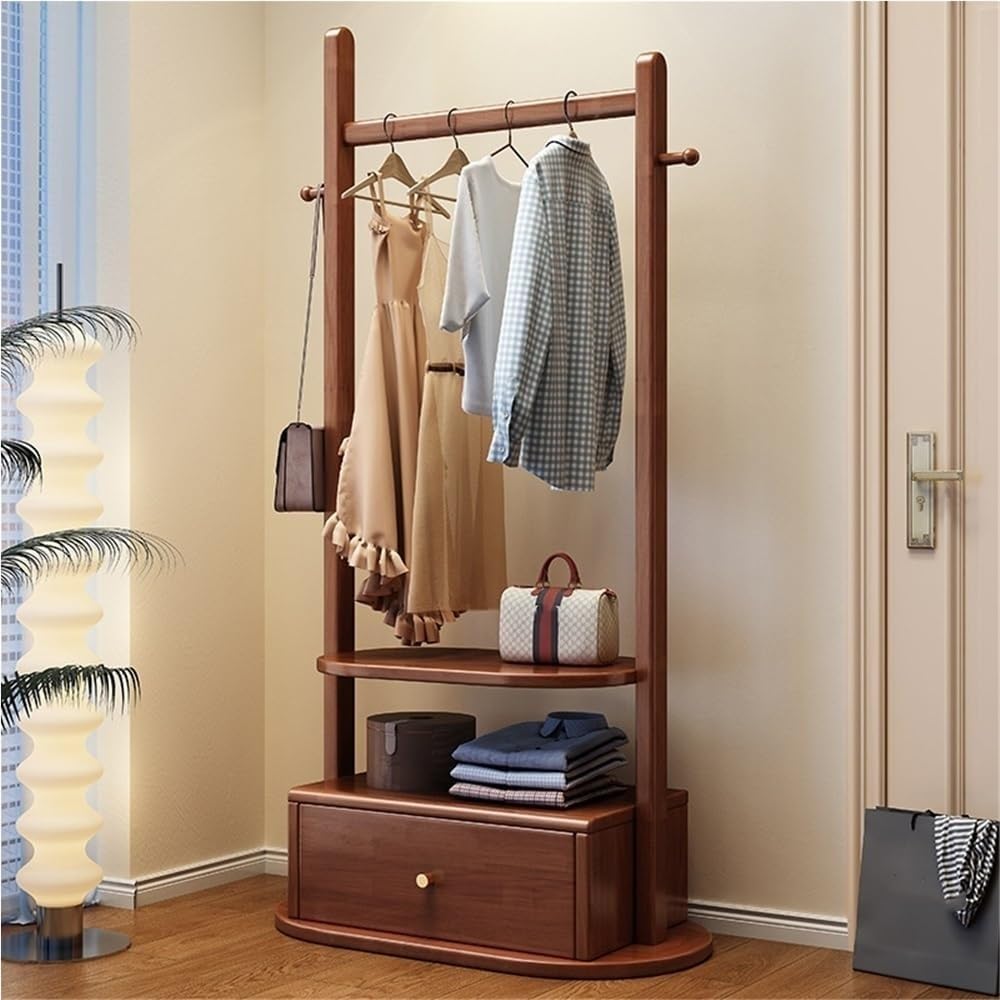 Wood Garment Rack Freestanding Clothes Rack with Shelves & Drawer Floor-Standing Clothing Storage Coat Rack Organizer Solid Construction(Brown,80cm)