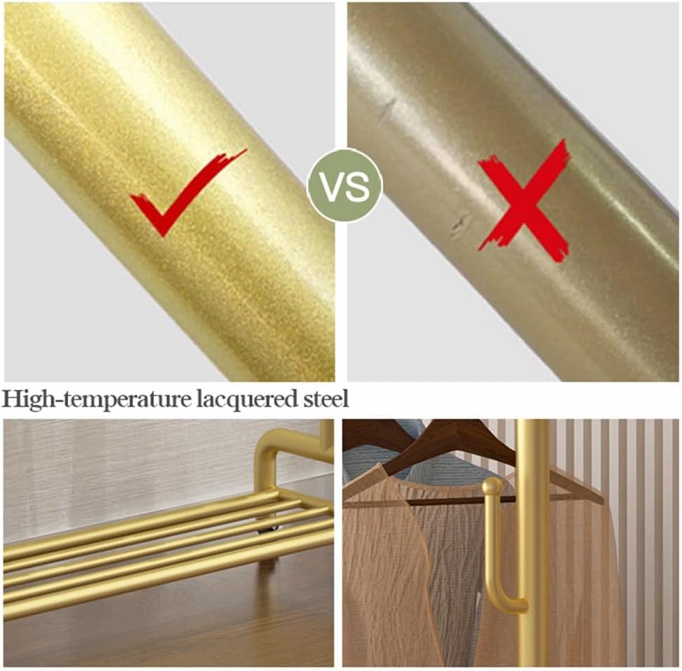 Rolling Clothes Rail with Hooks and Storage Shelf, Freestanding Clothing Garment Rack with Wheels, Clothes Organizer for Bedroom, Laundry Room (Color : Gold, Size : 80x40x130cm)