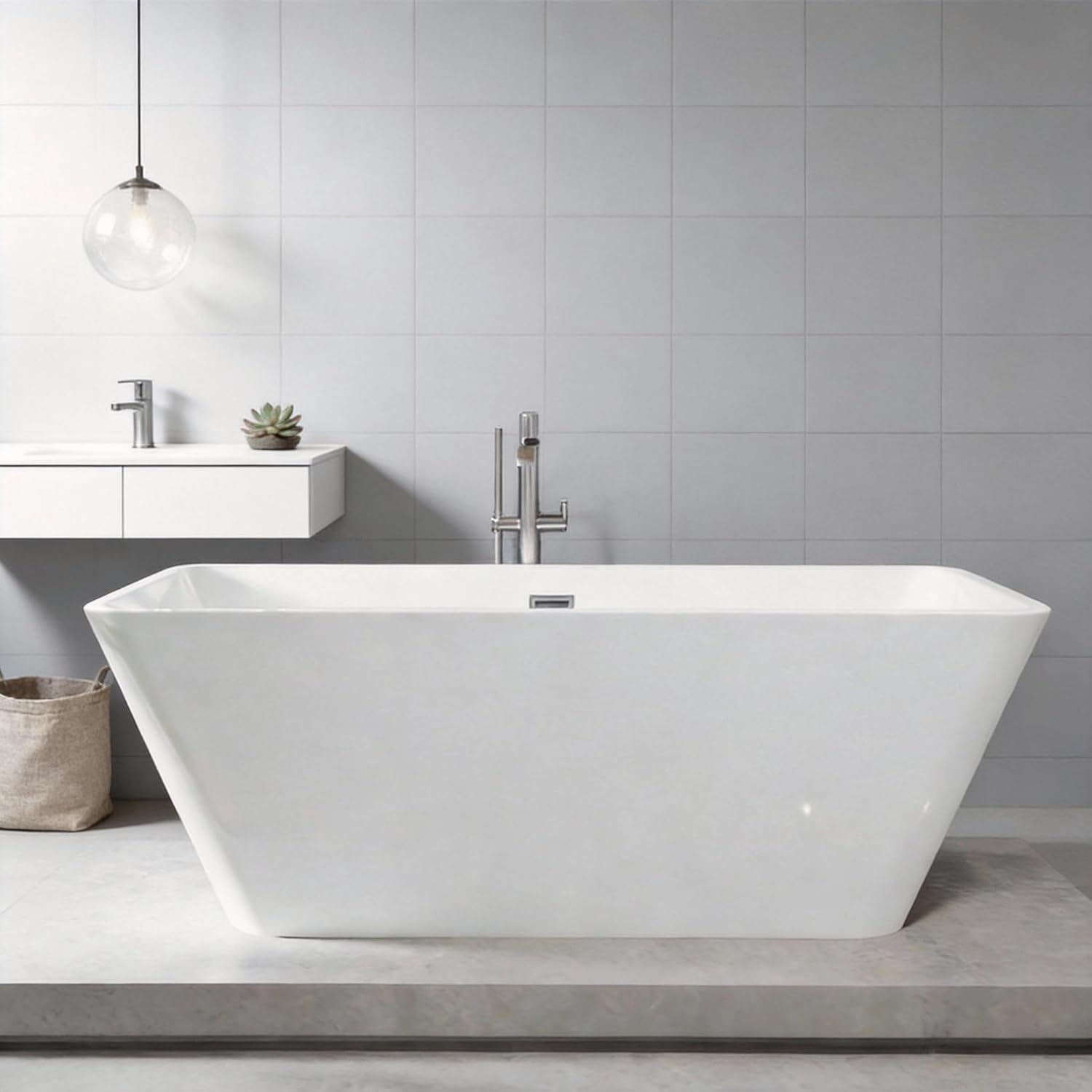 59' Acrylic Freestanding Bathtub with Chrome Drain Kit, Contemporary Square Soaking Tub with Overflow and Flexible PVC Drain Pipe, Double-Walled Insulation, cUPC Certified, Glossy White Finish