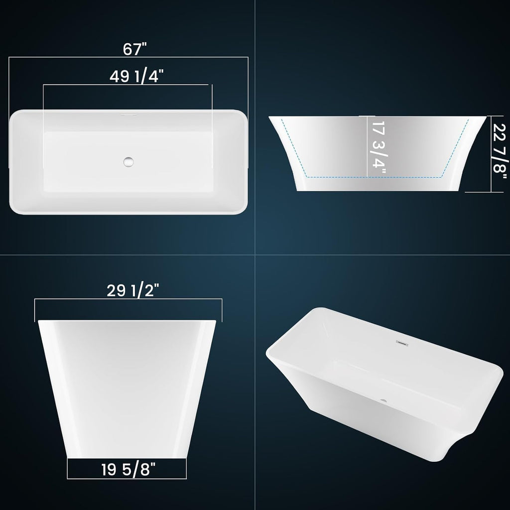 67' Freestanding Bathtub, Freestanding Soaking Bathtub with Double Wall Insulation, Ergonomic Deep Design,Non-Slip Base & Modern Acrylic Design, Matte Drain and Overflow, Modern Bath Tub