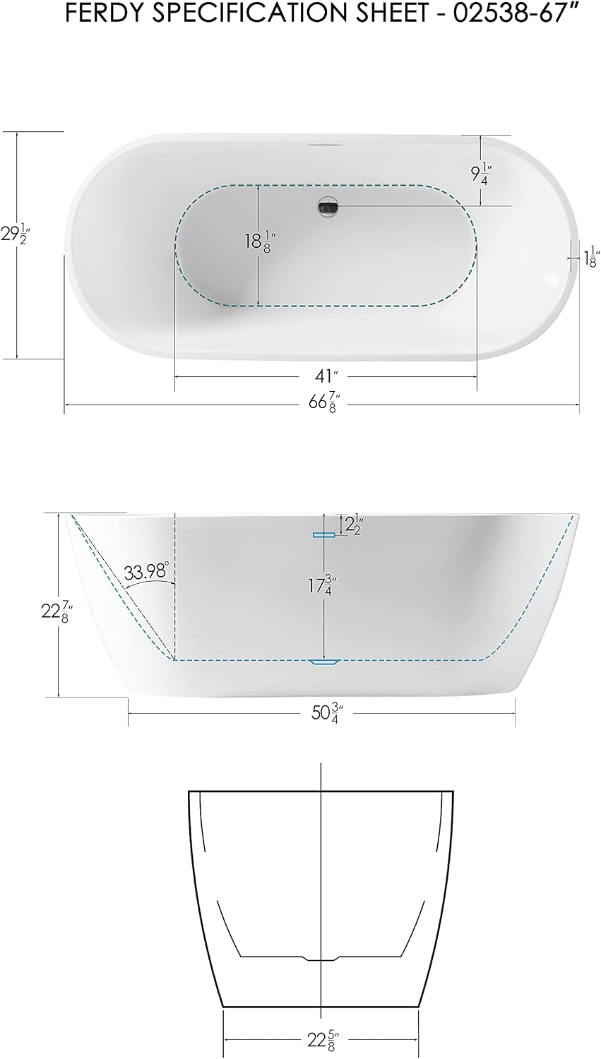 FerdY Nauru 67' Acrylic Freestanding Bathtub, Ergonomic Lightweight Classic Oval Soaking Bathtub with Toe-Tap Chrome Drain& Bath Pillow for Bathtub,Thick Tub Pillows, Ergonomic Support