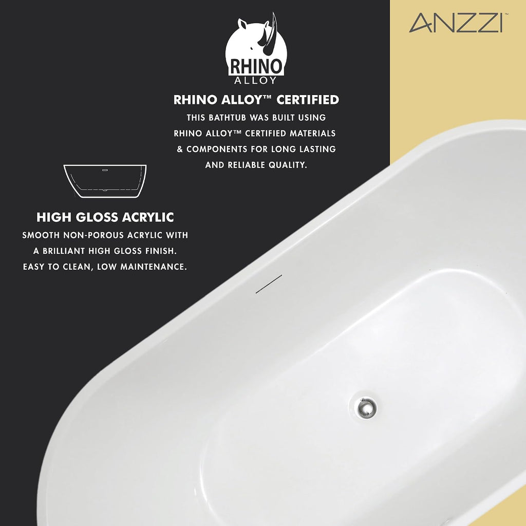 ANZZI Freestanding Acrylic Glossy White Deep Soaker Tub - 59' x 29' x 22' - 79 Gallons - Pre-plumbed, Overflow & Drain Included