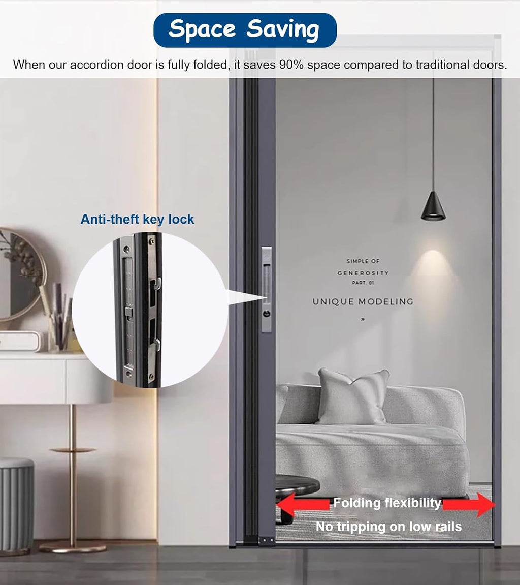 96 Inches Tall Accordion Door with Ventde Mesh, Aluminum Folding Sliding Door Multifold Screen Gate, Lockable Retractable Door Kit for Bedroom(22x39inch)