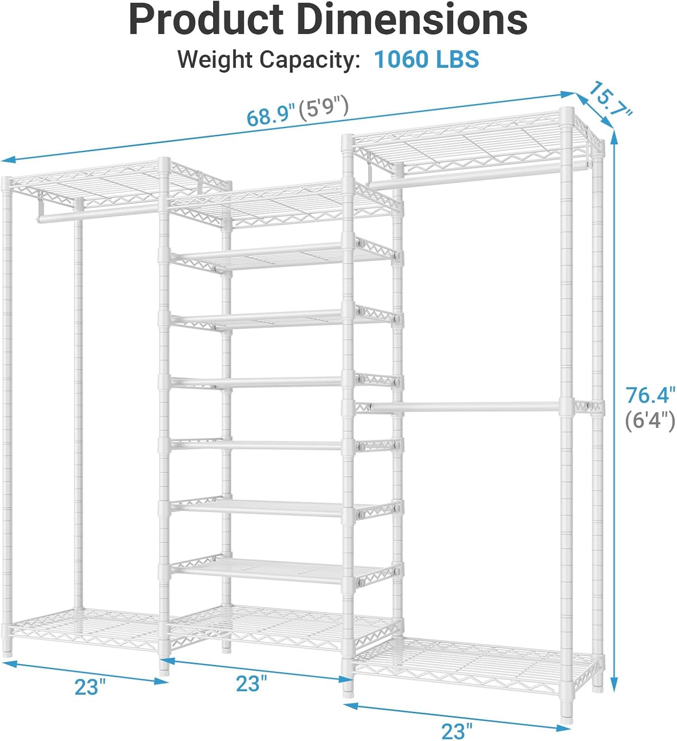 VIPEK S3 Freestanding Clothes Rack Heavy Duty Garment Rack 8-Tier Shoe Racks Closet Storage Organizer Large Wardrobe, Hanging Rod, Adjustable Metal Shelf, 68.9' L x 15.7' W x 76.4' H, White