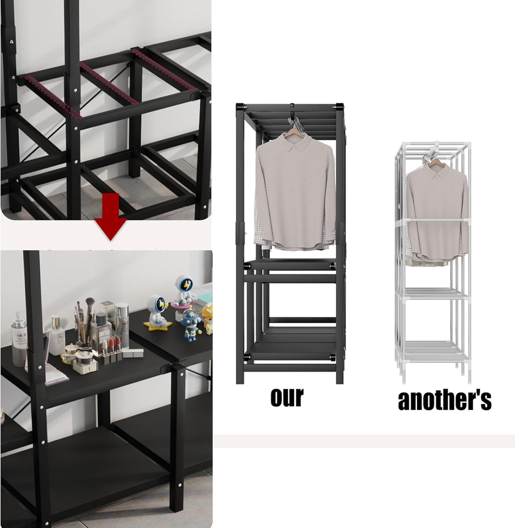 Free Standing Closet Organizer, Heavy Duty Wardrobe Closet Clothing Rack with Storage Shelvels, Carbon Steel & Oxford Cloth Cover, Dustproof, Storage Garment Rack for Bedroom, 600lbs (Black)