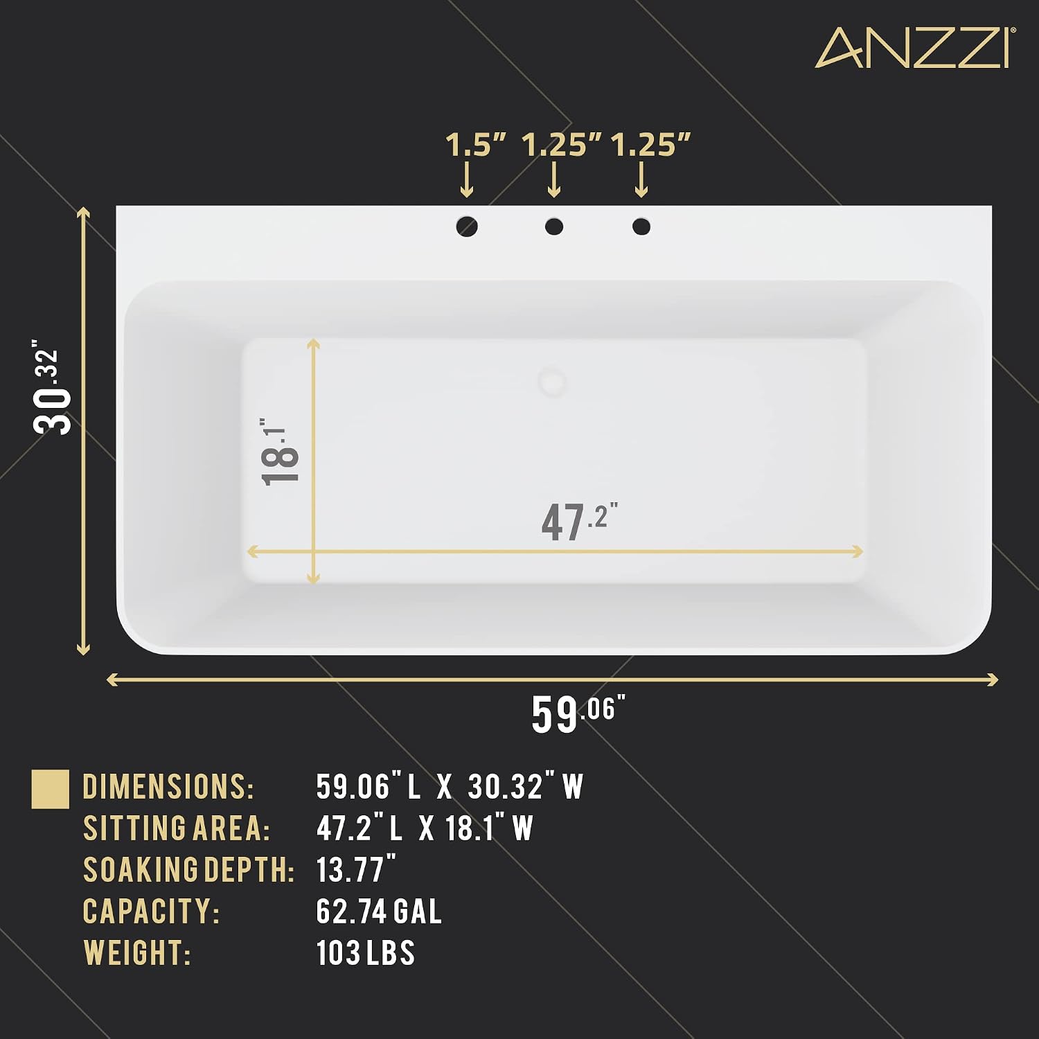 ANZZI Freestanding Tub 59,' Acrylic, Modern Stand Alone Soaking Tub, Built In Drain and Overflow, Free Standing Tub with Pre-drilled Faucet Holes, Series (FT-AZ114-59)