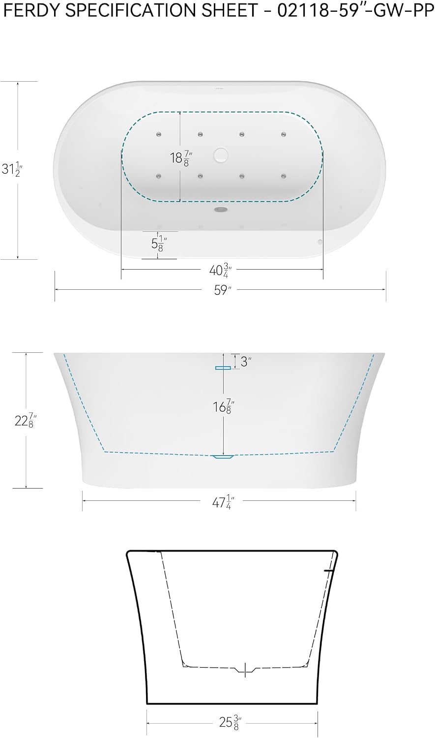FerdY 59' Acrylic Freestanding Whirlpool Bathtub with LED Light, 8 Air & Water Jets, Contemporary Soaking tub with White Drain, Elegant Oval Shape, cUPC Certified, Mauritius
