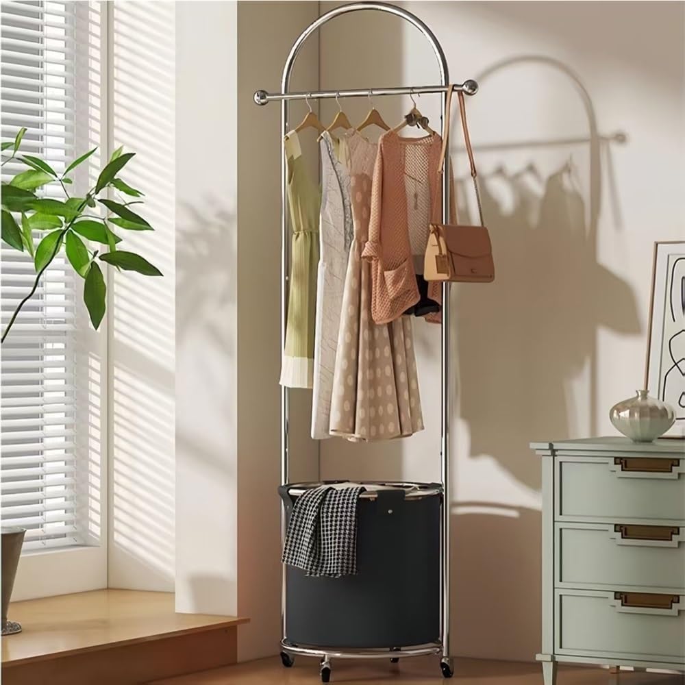 Rolling Steel Garment Rack with Bottom Basket Freestanding Clothes Organizer with Wheels for Entryway & Small Spaces Long-Lasting(Black)