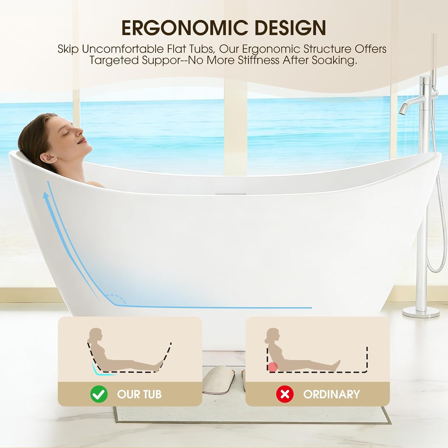 67' Acrylic Freestanding Bathtub,14' Deep Soaking Tub with Integrated Overflow & Drain,2 Person Soaking Tub,CUPC Certified, Chrome Drain Bath Tub,Modern Tub for Bathrooms,Double Backrest White