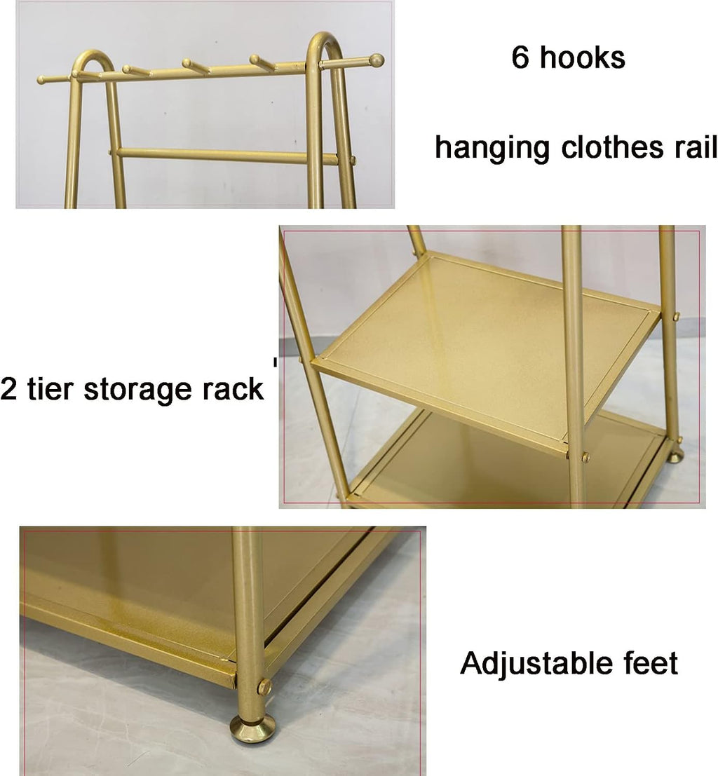 Heavy duty Garment rack Multipurpose Clothing Rack With 4 Hooks And 2 Tier Shelves Freestanding Coat Rack For Bedrooms And Small Spaces Metal Clothes Rail And Clothes Organizer, Gold, 50x40x158CM