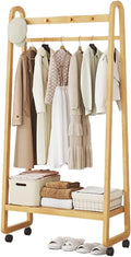 Bamboo Clothes Rack Freestanding Coat Rack Stand Portable Clothing Rack w/Storage Shelf and Hanging Rod Rolling Garment Rack w/Wheels for Entryway
