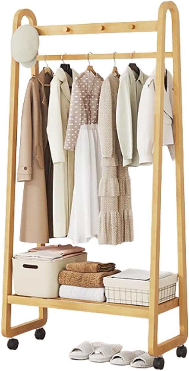 Bamboo Clothes Rack Freestanding Coat Rack Stand Portable Clothing Rack w/Storage Shelf and Hanging Rod Rolling Garment Rack w/Wheels for Entryway