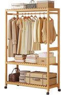 Bamboo Clothing Rack on Wheels, Rolling Clothes Rail Rack with Adjustable Storage Shelves and Hanging Rails, Free Standing Garment Rack for Bedroom Living Room