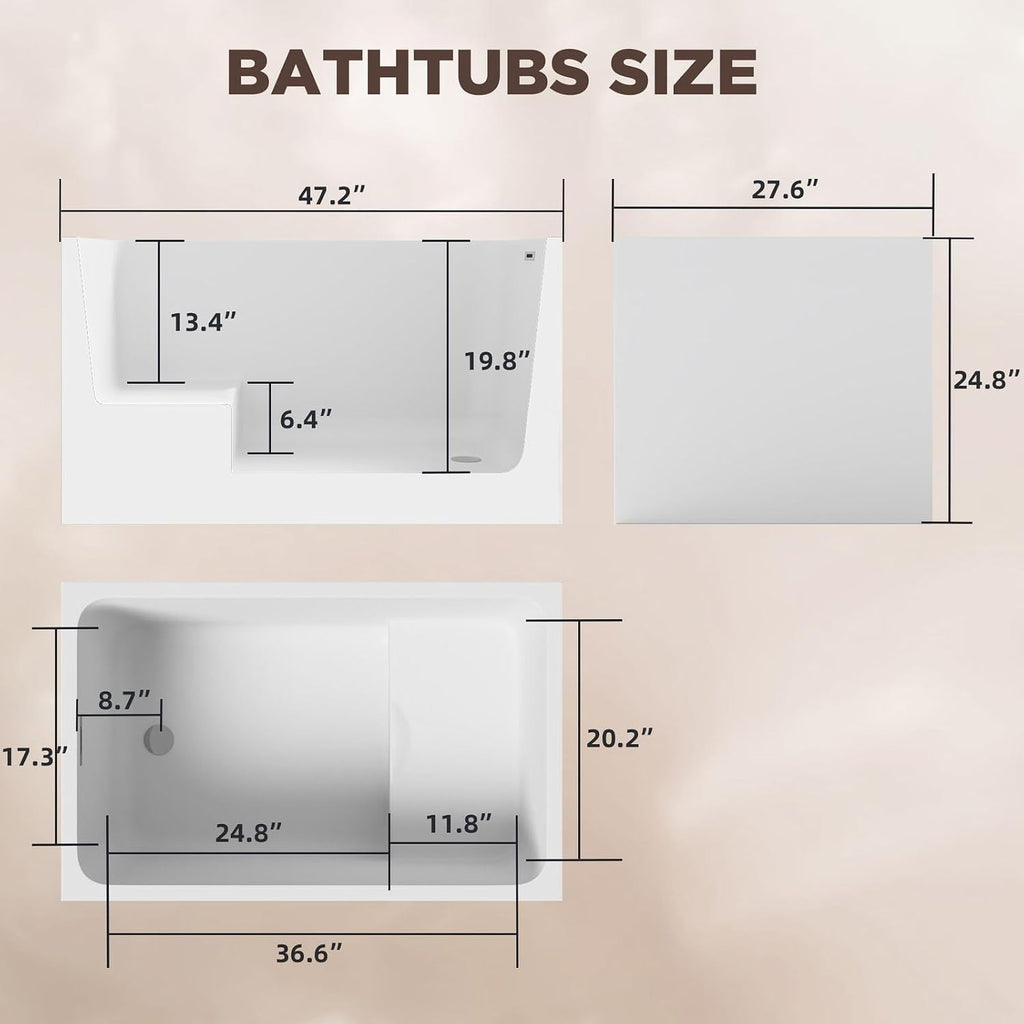 47' Acrylic Freestanding Bathtub with Built-in Seat, Rectangular Soaking Tub w/Chrome Overflow & Pop-Up Drain, CUPC Certified for Elderly & Limited Mobility Support, Gloss White