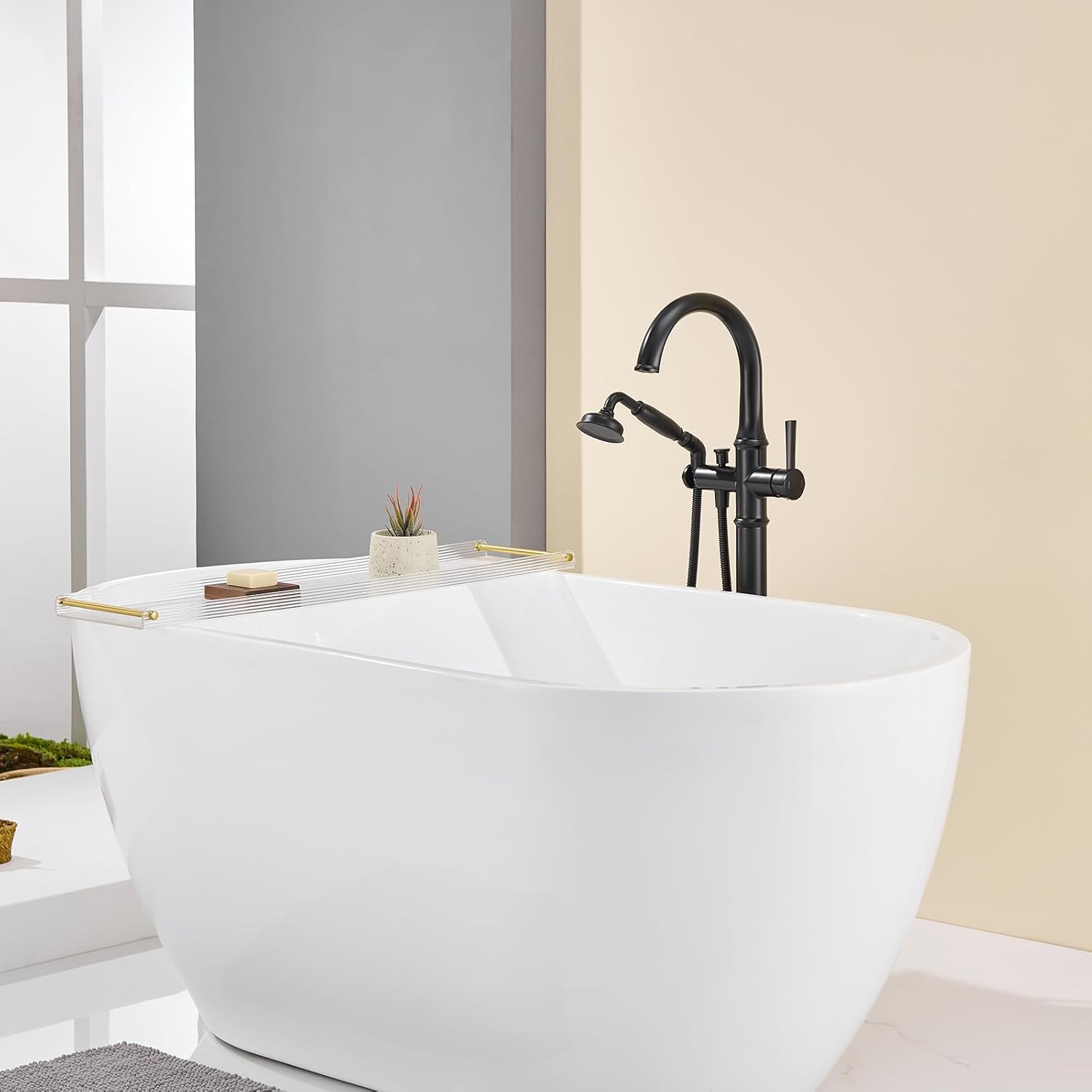 Wowkk Freestanding Bathtub Faucet Black Free Standing Tub Filler Brass Bathtub Faucets Floor Mounted Bathroom Tub Faucet with Hand Shower