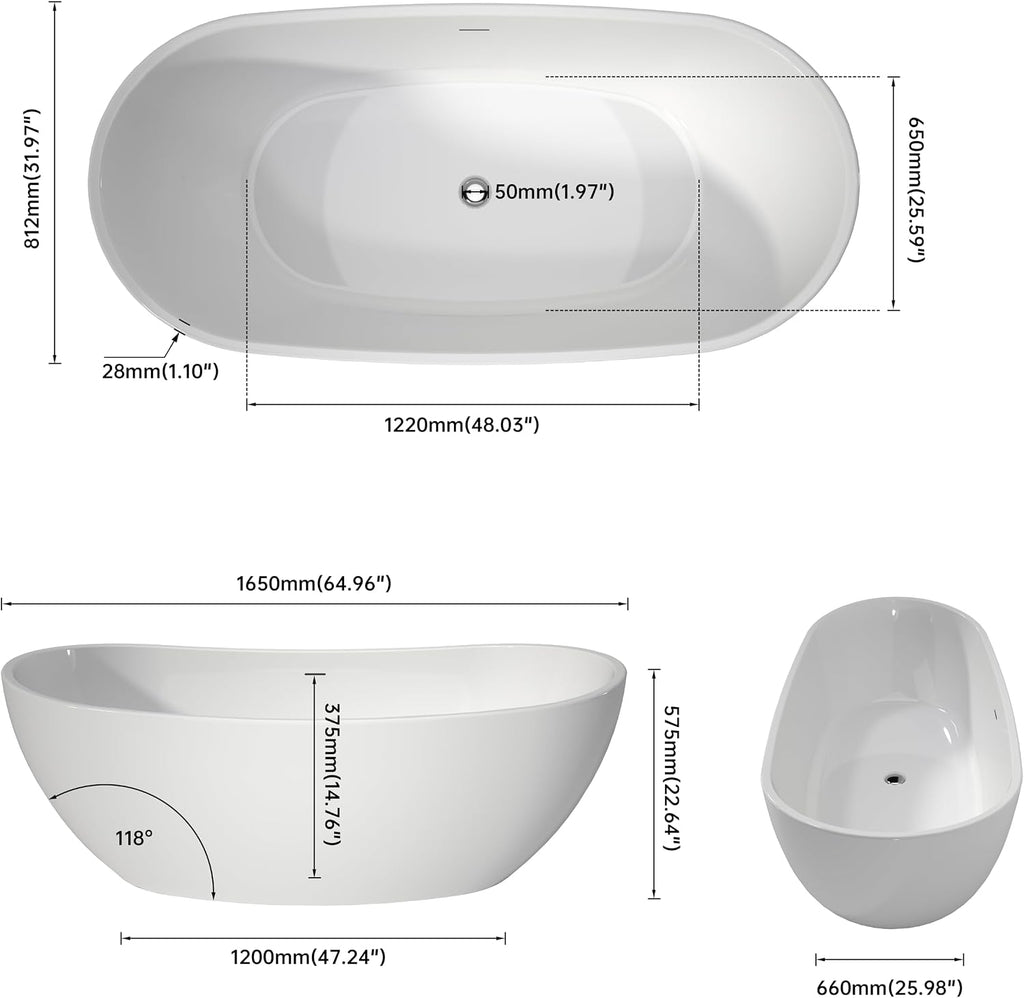 SJ STAR&JANE 65' Freestanding Bathtub, Acrylic Soaking Bathtub, Modern Acrylic Stand Alone Tub in white Intergrated Drain and Overflow,cUPC Certified