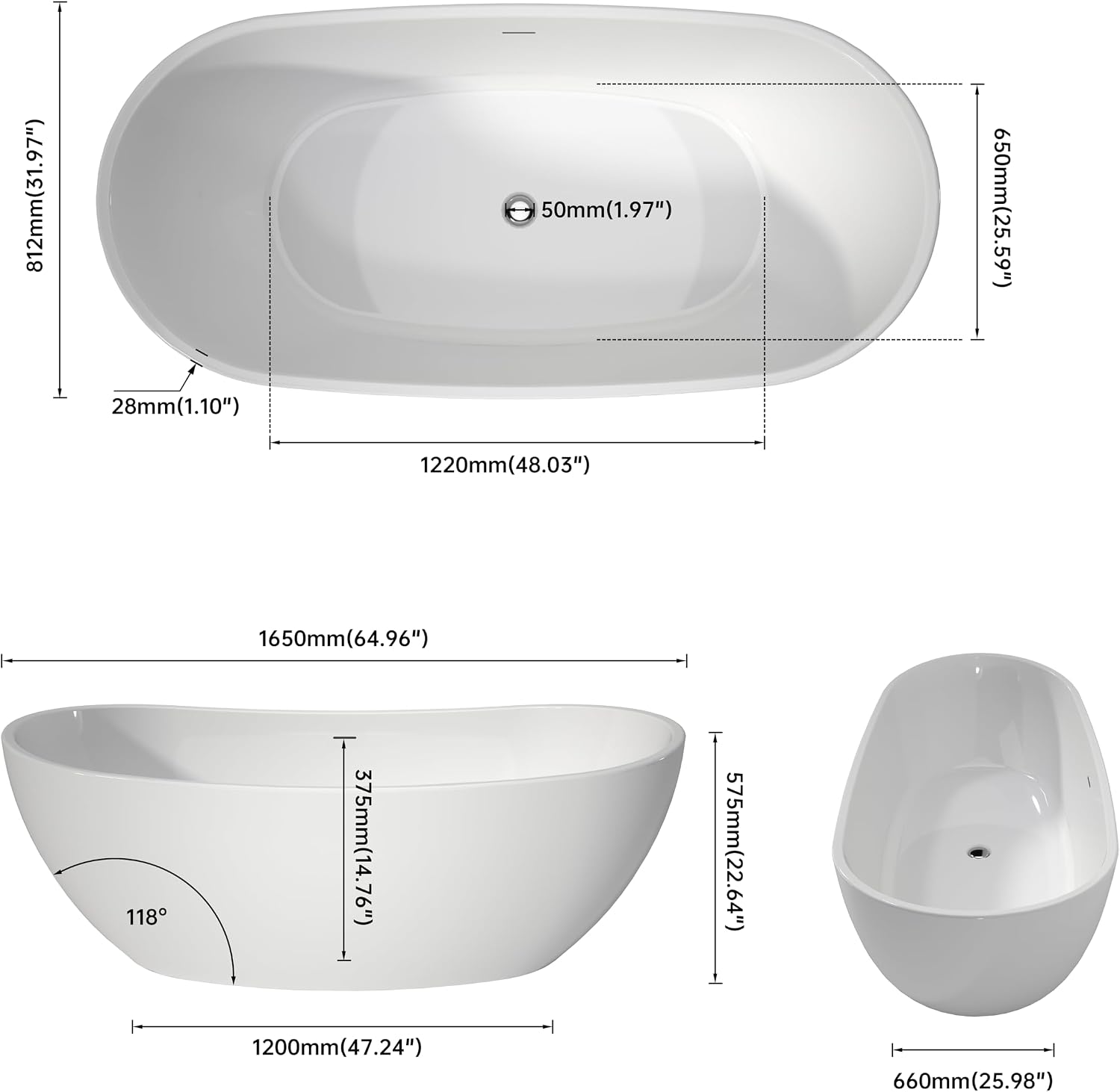 SJ STAR&JANE 65' Freestanding Bathtub, Acrylic Soaking Bathtub, Modern Acrylic Stand Alone Tub in white Intergrated Drain and Overflow,cUPC Certified
