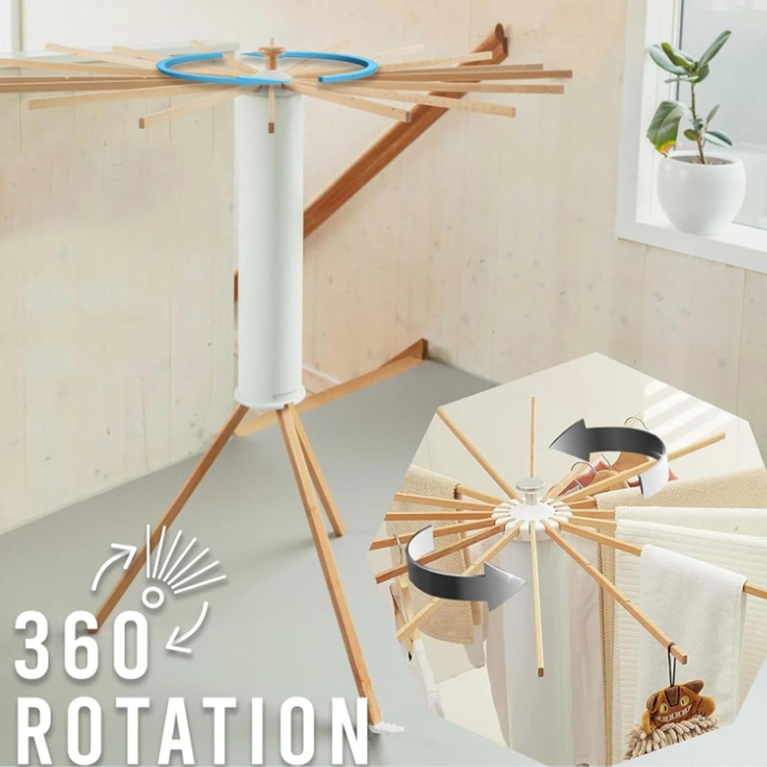 Tripod Clothes Drying Rack,Foldable Laundry Stand/Collapsible Garment Rack- 360° Rotation, High Laundry Drying Rack With16 Poles/Pedal Buckle/Bearing 30kg,White