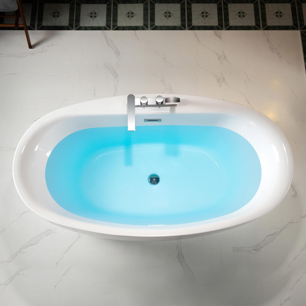 WOODBRIDGE 66' Acrylic Freestanding Bathtub Contemporary Soaking White Tub with Brushed Nickel Overflow & Drain and Faucet,B0027-BN