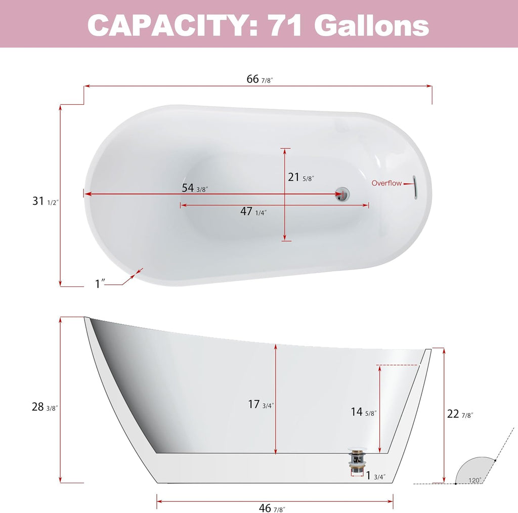 TONA 67' Acrylic Freestanding Bathtub Contemporary Soaking White Tub cUPC Certified, Toe-Tap Chrome Drain & Overflow Assembly Included
